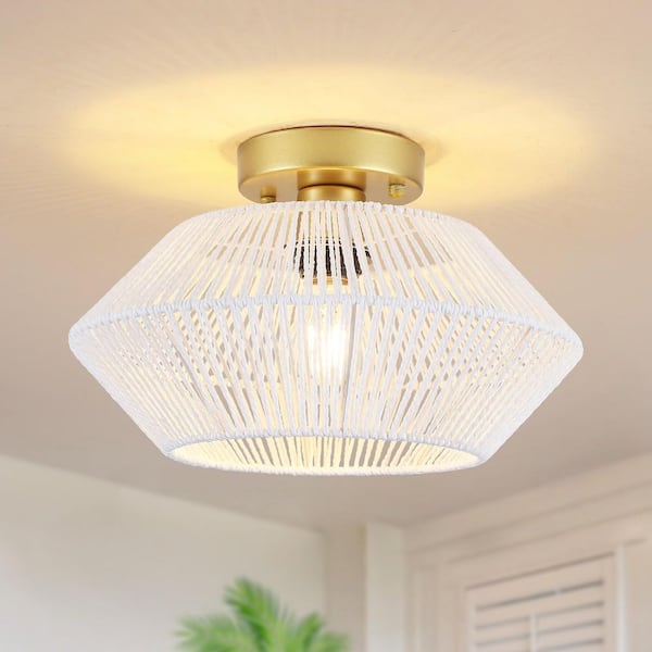 12.6 in. 1-Light Gold and White Bohemian Rattan Semi Flush Mount Ceiling Light for Dining Room