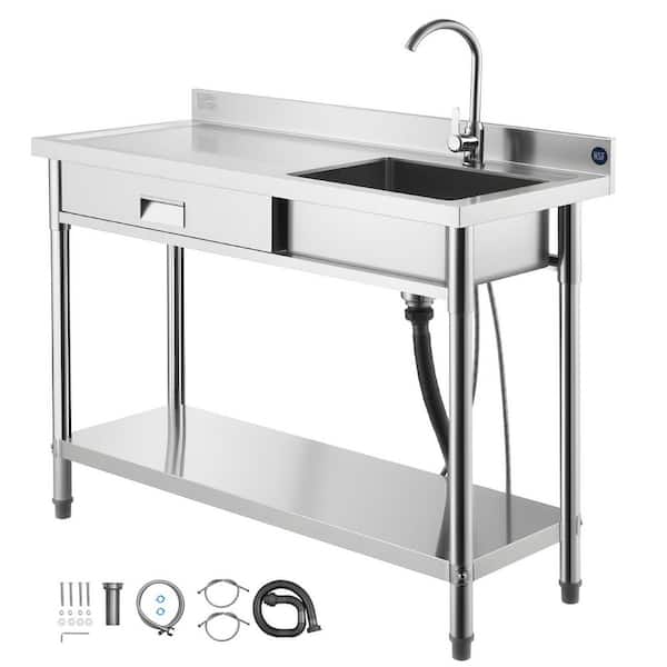 Stainless Steel Rolling Single-Bowl Utility Sink with Drawer, Faucet & Hot/Cold Water Pipes, 47.2 x 19.7 x 37 in.