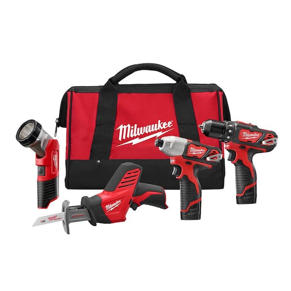Milwaukee M12 12V Lithium-Ion Cordless Combo Tool Kit with Two 1.5 Ah Batteries, 1 Charger, 1 Tool Bag (4-Tool)