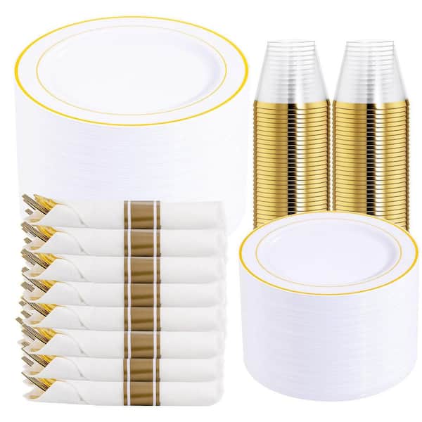 350-Piece Gold Disposable Plastic Dinnerware Set Service for 50 Guests, Fancy Plates for Wedding and Party