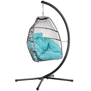 Black Wicker Egg-Shaped Patio Swing Chair with Blue Cushion
