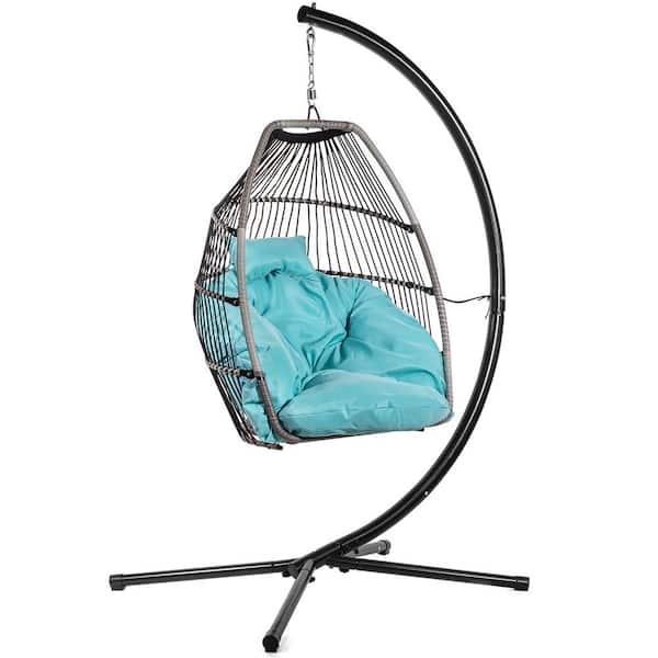Barton Black Wicker Egg-Shaped Patio Swing Chair with Blue Cushion