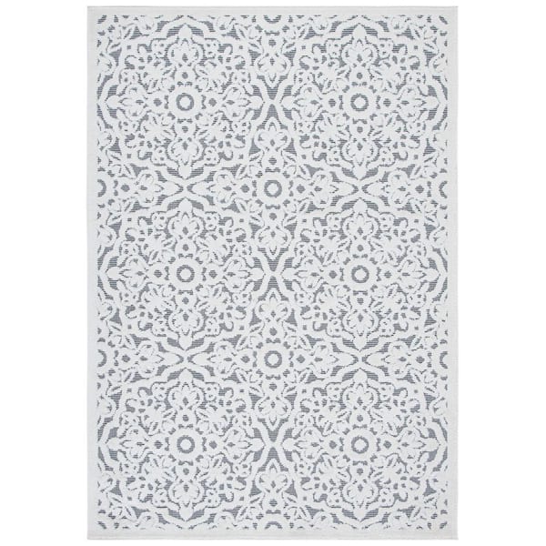 Cabana Ivory/Gray 4 ft. x 6 ft. Border Medallion Indoor/Outdoor Patio  Area Rug