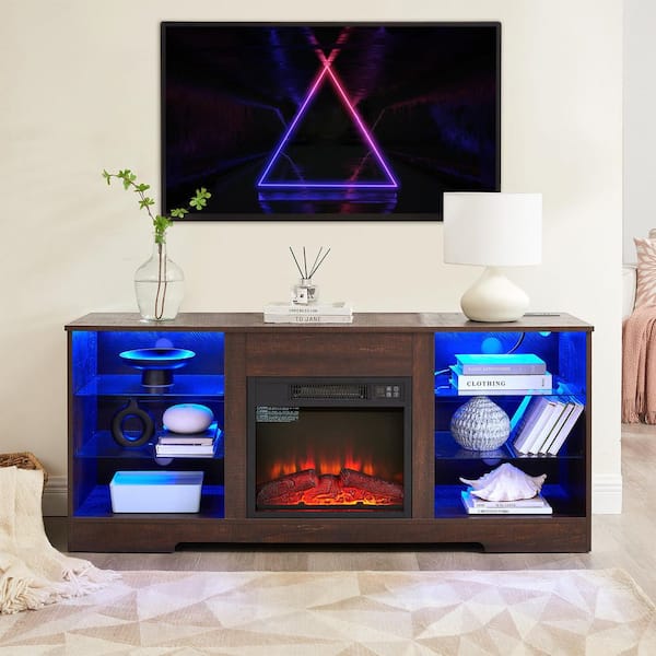 58 in. Freestanding Wood TV Stand Electric Fireplace Glass Shelves with LED Lights and USB Charging Outlet in Brown