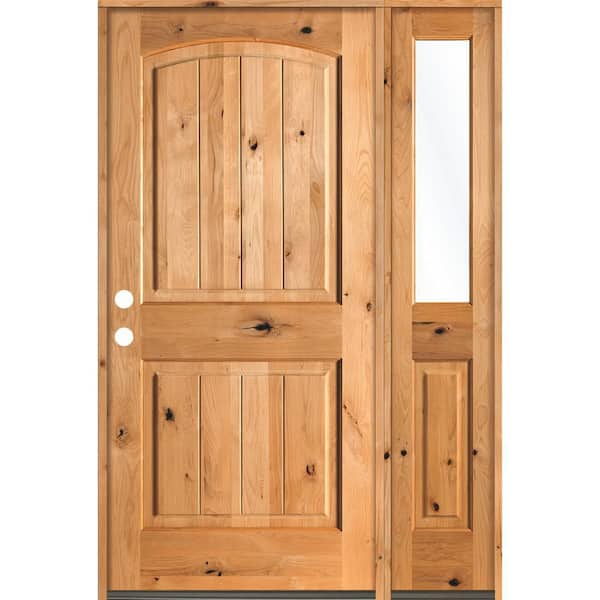 Krosswood Doors 56 in. x 80 in. Rustic knotty alder 2 Panel Right-Hand/Inswing Clear Glass Clear Stain Wood Prehung Front Door with RHSL