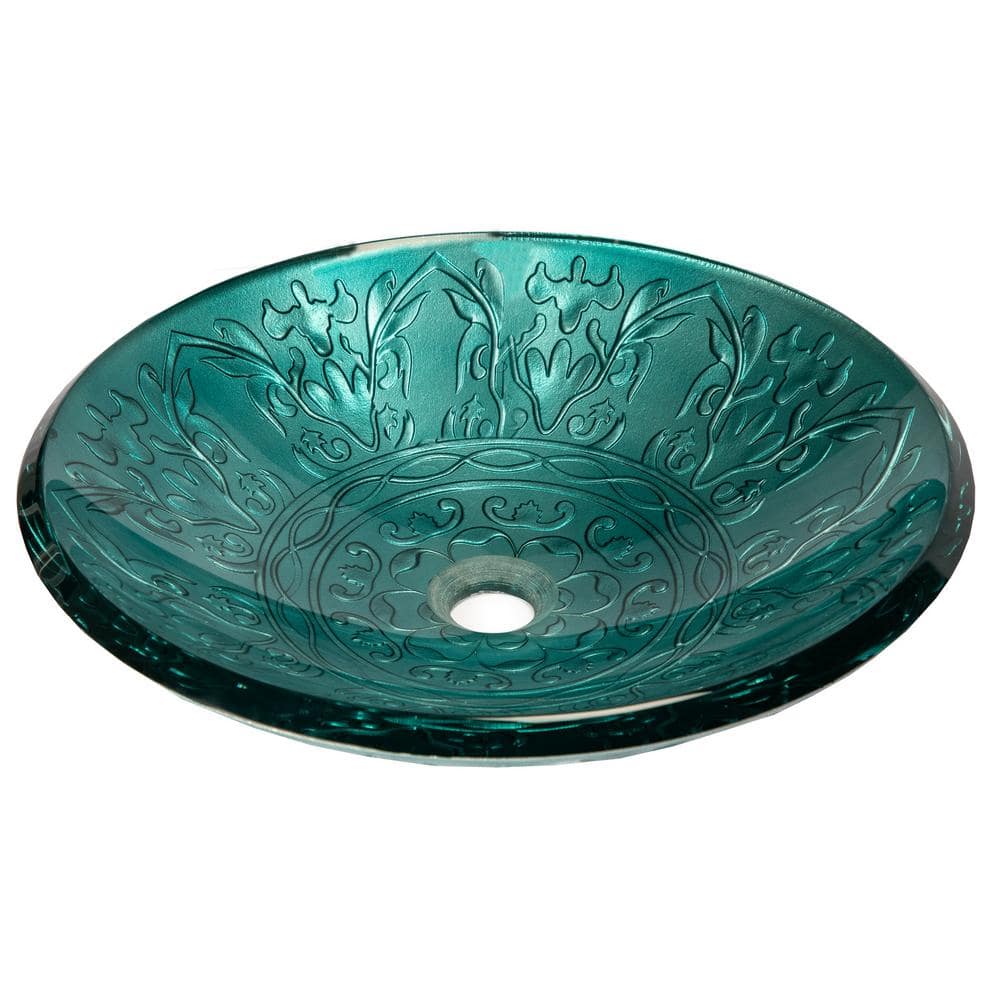 Teal Embossed Tempered Glass Circular Vessel Sink
