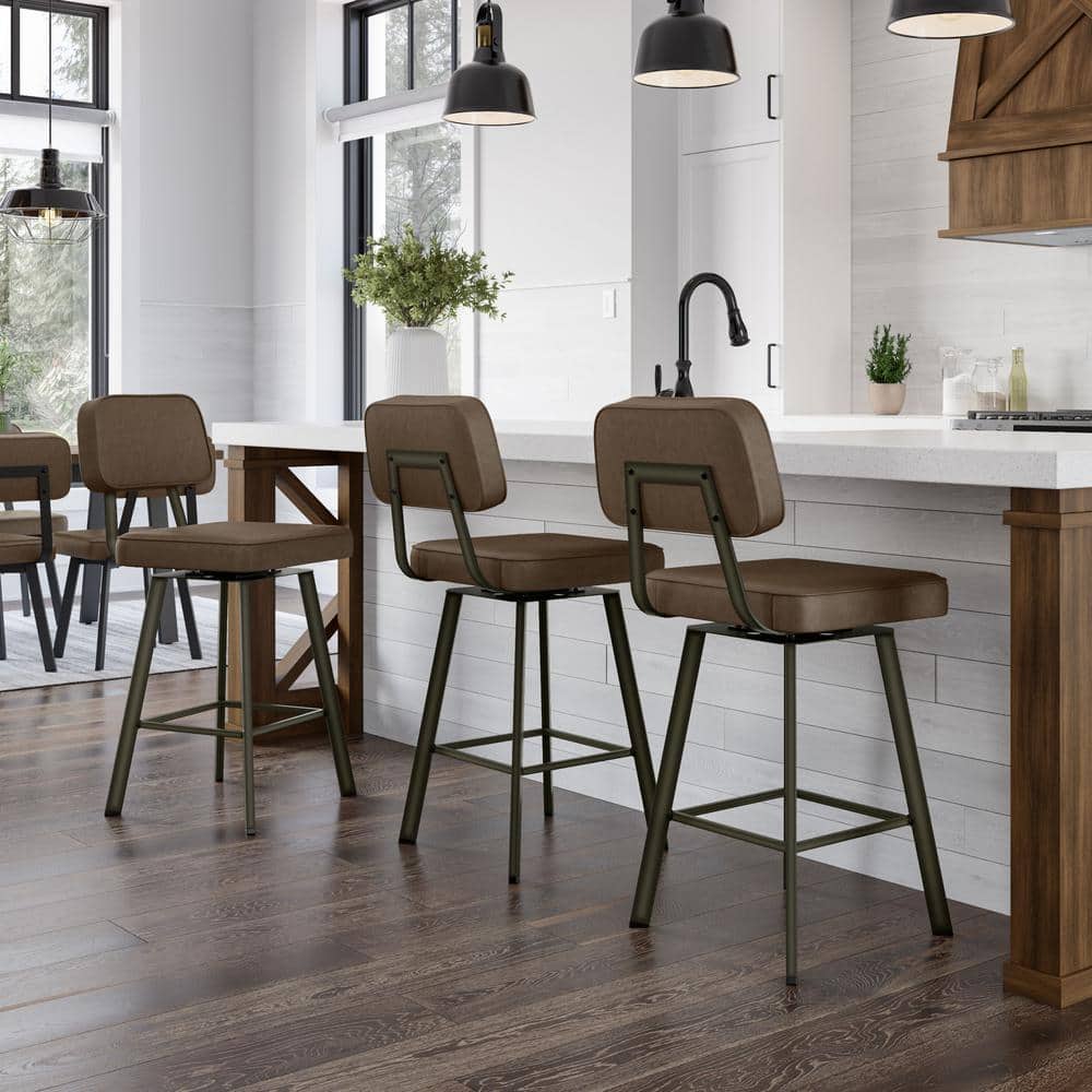 Brown Faux Leather Swivel Counter Stool with Gun Metal Finish
