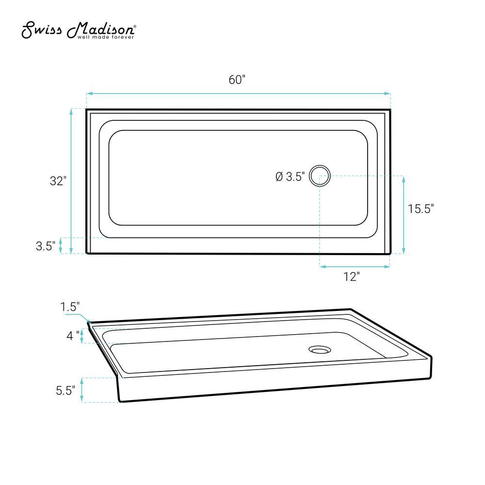 Voltaire 60" x 32" Gray Acrylic Shower Base with Right-Hand Drain