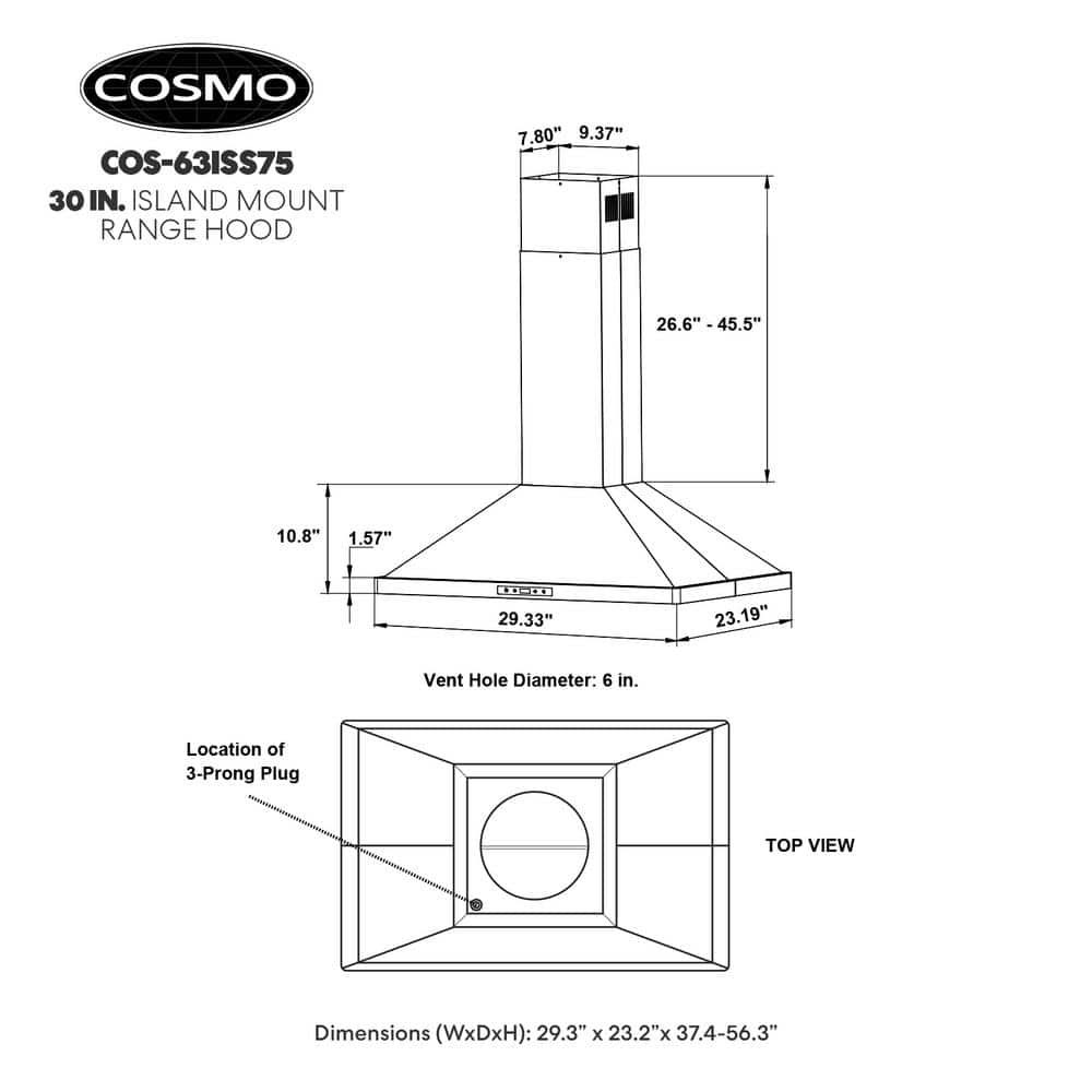 30" Stainless Steel Convertible Island Range Hood with Charcoal Filter