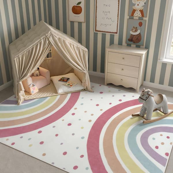 Rainbow Polka Dot Washable Non-Slip Colorful Pink 5 ft. x 7 ft. Kid Area Rug