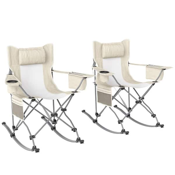Folding Rocking Camping Chairs, Portable Outdoor Rocking Chairs with Headrest, Cup Holder, Carry Bag 2 Pack, Cream