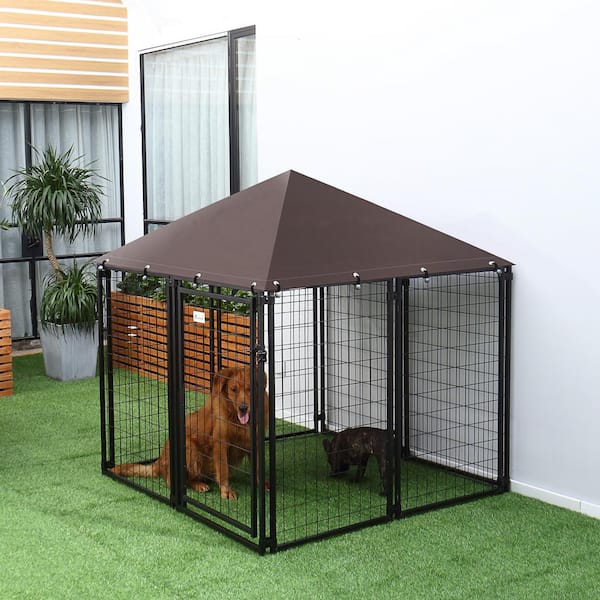 PawHut D02-031 Black Metal Lockable Dog House Kennel with Water-Resistant Roof - 2