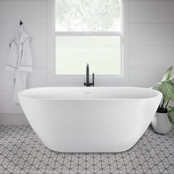 Mokleba 59 in. Acrylic Flatbottom Bathtub Soaking Flat Bottom Tub with Polished Chrome Drain in White