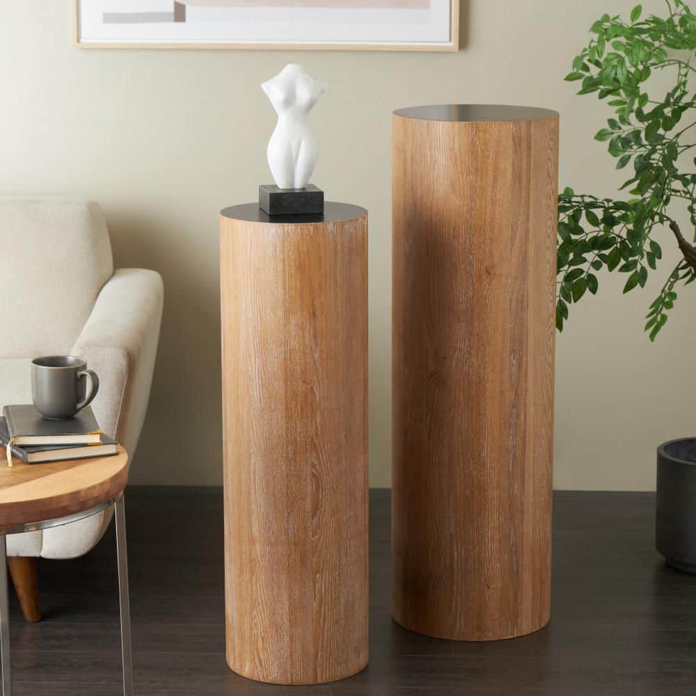 40 in. and 34 in. Brown Handmade Pedestal Oversized Round Wood Accent Table (2-Pieces) price history on PriceWatchPro