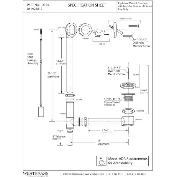 Westbrass D3311-F-20 1.38 in. Bath Drain with Grid and Screw - Stainless Steel