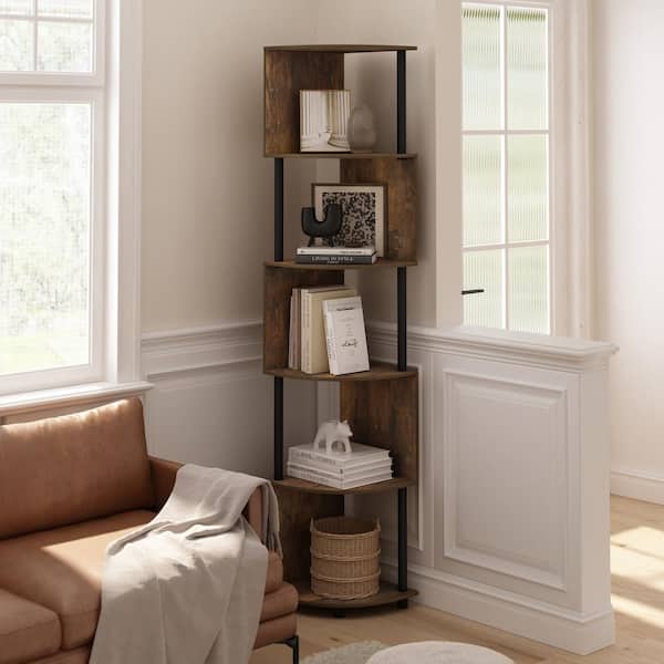 Furinno Econ 71.26 in. Tall Amber Pine/Black Wood 5-Shelf Zigzag Corner Bookcase