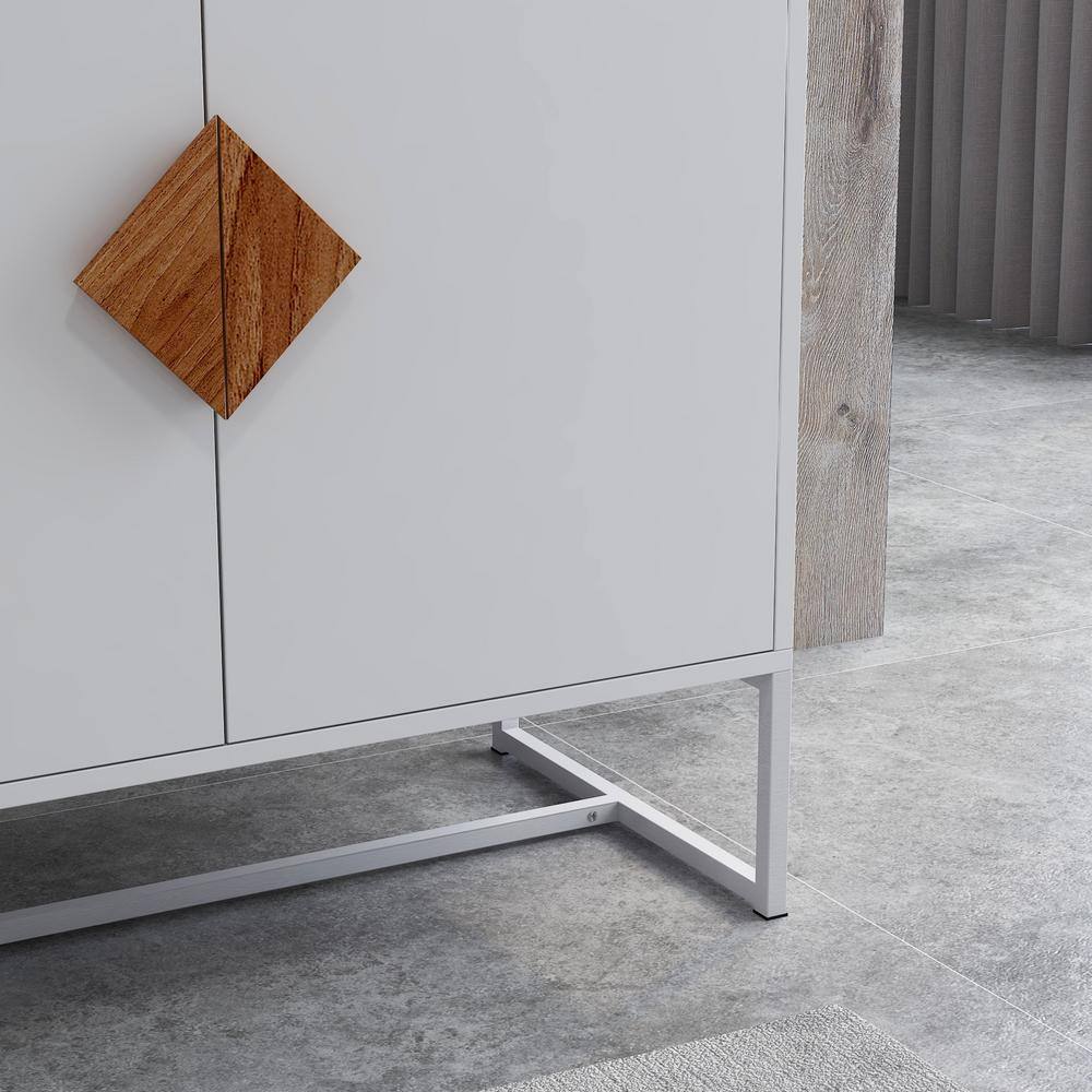 White MDF and Iron Frame Sideboard with Square Wooden Handle
