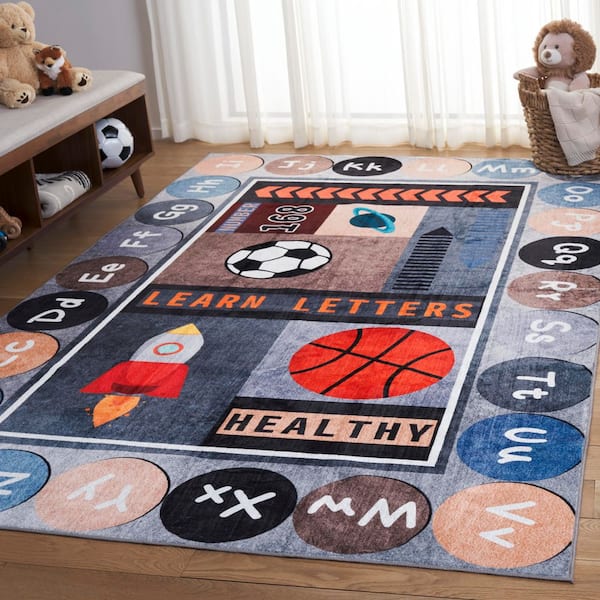 Santa Monica Kids 3 ft. x 5 ft. Gray/Blue Learn Letters Washable Area Rug