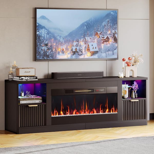 71 in. Fluted Glossy Black TV Stand with Electric Fireplace Fits TV Up to 75 in. Entertainment Center with Cabinet