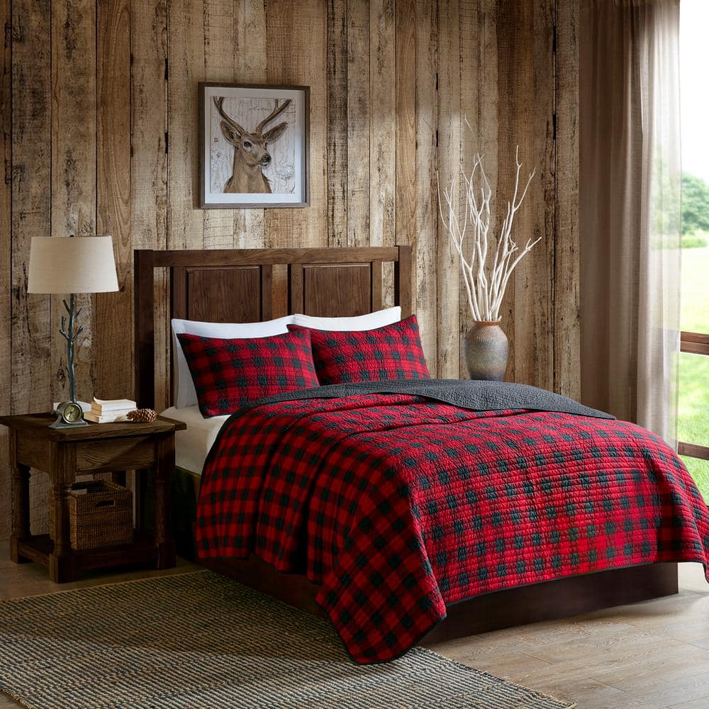 RED BUFFALO CHECK PLAID LODGE CABIN COVERLET HUNTINGTON Full Queen QUILT SET 