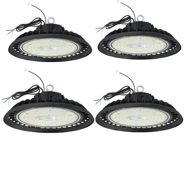 Honbei 10 in. 300-Watt Equivalent Integrated LED Dimmable Black UFO High Bay Light, 5000K Commercial Warehouse Lighting(4-Pack)
