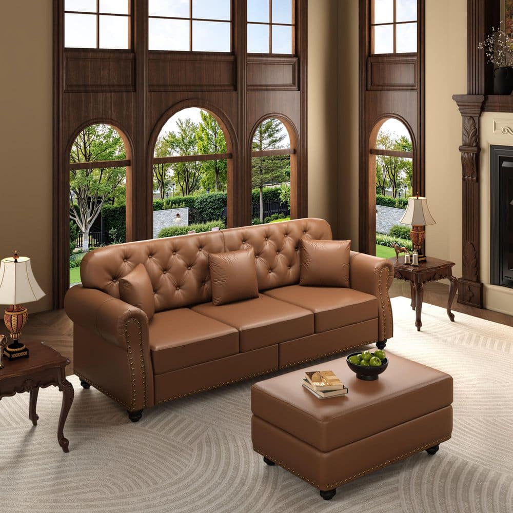 Harlan 82.6 in. Rolled Arm Faux Leather Upholstery L-Shaped Sectional Sofa in Brown with Ottoman, 3-Pillows price history on PriceWatchPro
