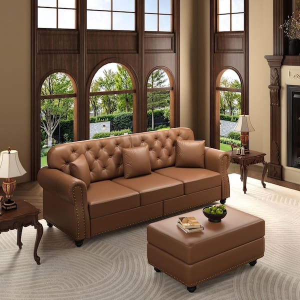 Harlan 82.6 in. Rolled Arm Faux Leather Upholstery L-Shaped Sectional Sofa in Brown with Ottoman, 2 Pillows