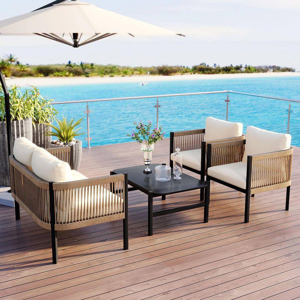 Zeus & Ruta 4-Piece Metal Patio Conversation Set with Beige Cushions ...
