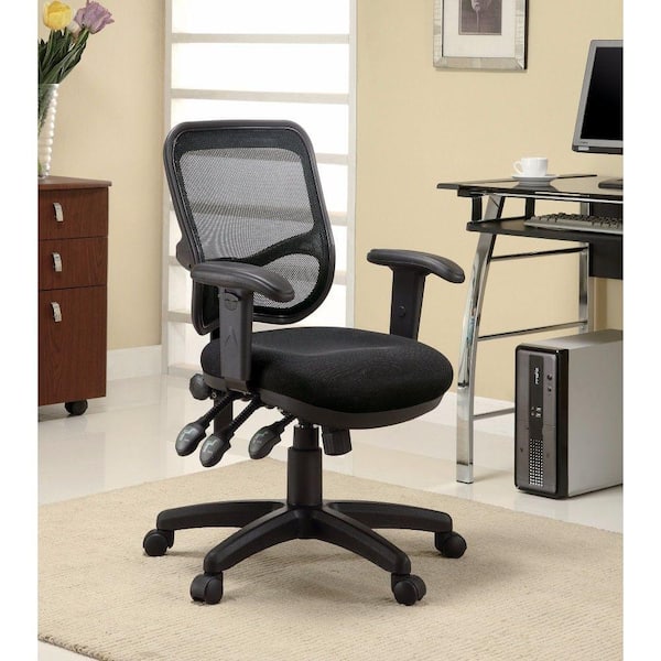Benjara Vinyl Seat Adjustable Seat Height Ergonomic Mesh Office Chair in Black with Non- Adjustable Arms