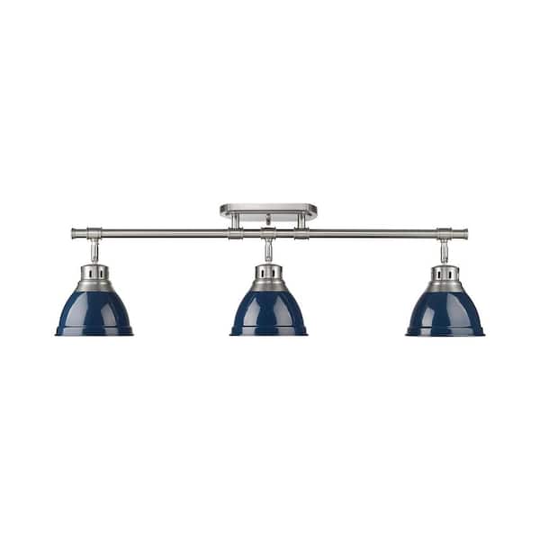 Golden Lighting Duncan 6.5 in. 3-Light Pewter Semi-Flush Mount with Blue Shade and No Bulbs Included