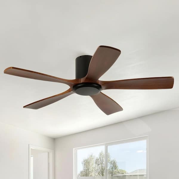 52 in. Indoor Matte Black 5 Solid Light Walnut Wood Fan Blades Flush Mount Ceiling Fan For Living Room or Bedrooms