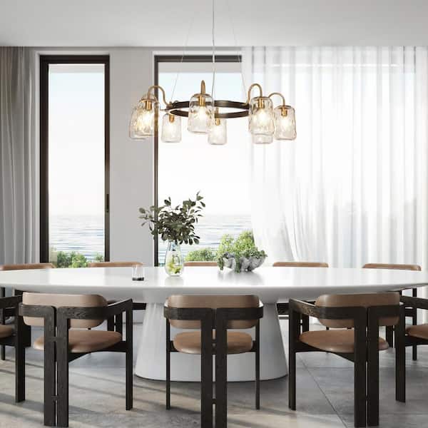 W Modern 8-Light Gunmetal Gray and Brass Wagon Wheel Chandelier for Living Room with Mason Jar Textured Glass Shades