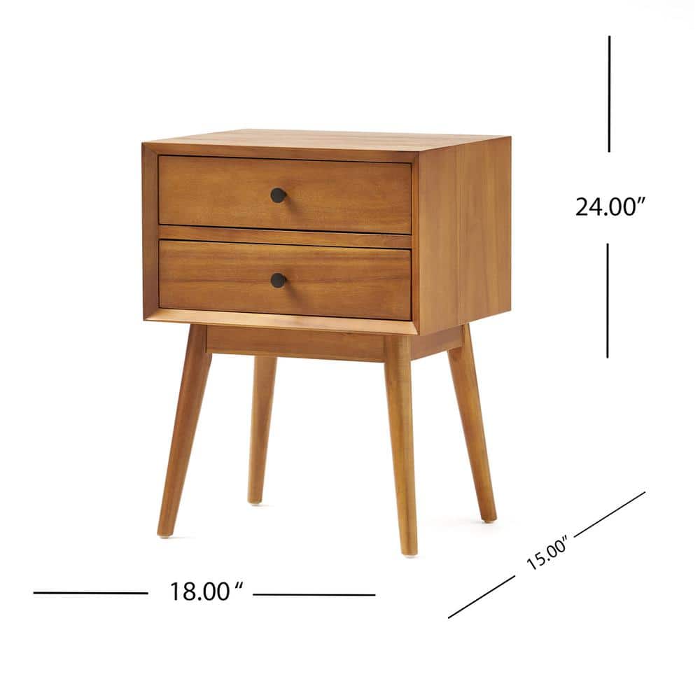 Natural Brown Acacia Wood Mid-Century Nightstand with Two Drawers