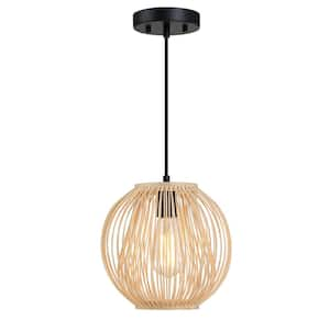 60-Watt 1 Light Matte Black Shaded Pendant Light with Rattan Shade, No Bulbs Included