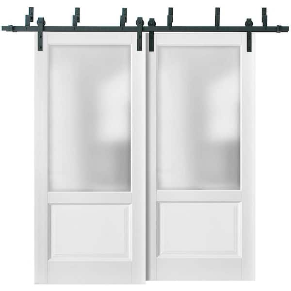 Sartodoors 1422 64 in. x 80 in. 1 Lite Frosted Glass White Finished Pine Wood Sliding Barn Door with Hardware Kit