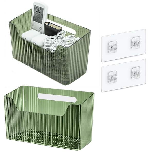 Green 7.87 in. x 4.72 in. Clear Plastic Decorative Basket, Makeup Organizer and Adhesive Hanging Bin for Home (2-Pack)