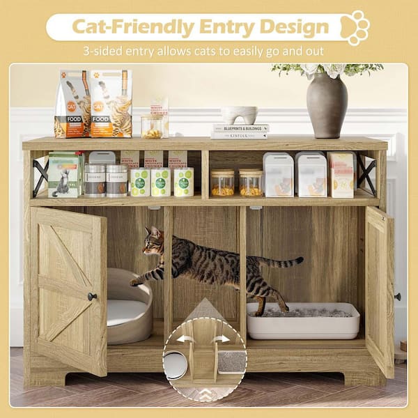 Brown 2-Door Pantry Cabinet, Farmhouse Indoor Cat House End Table