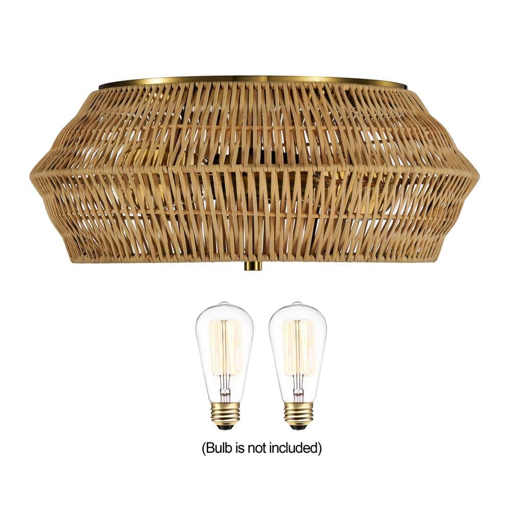 Vintage Brass and Natural Rattan Geometric Cage Flush Mount Light