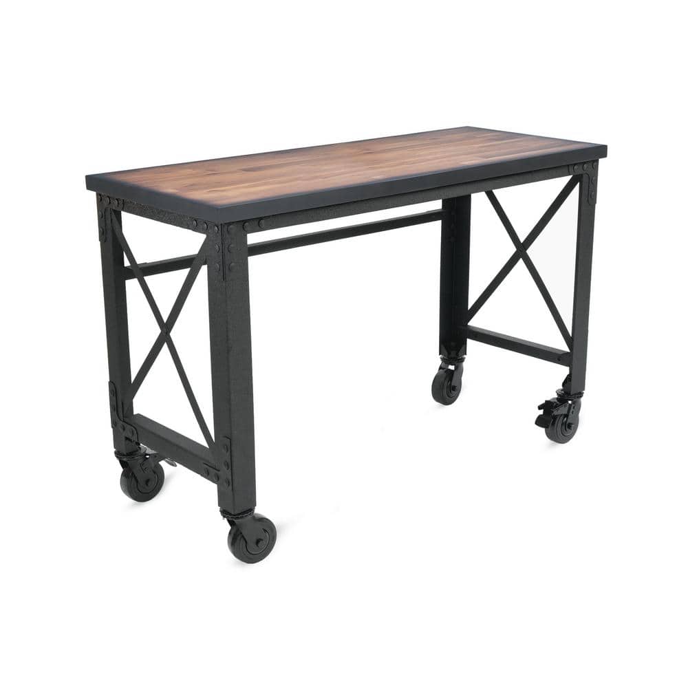 52 in. W x 24 in. D Rolling Industrial Worktable Desk with Solid Wood Top