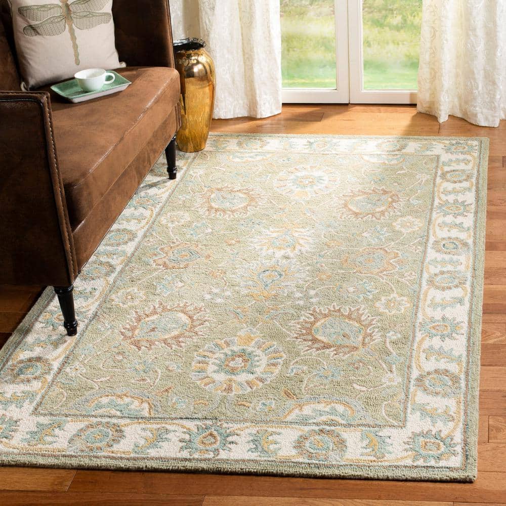 Ivory and Sage Floral Tufted Wool Area Rug 5' x 8'