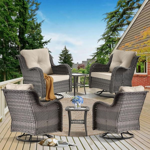 Gray 6-Piece Wicker Outdoor Patio Swivel Rocking Chair Set with Beige Cushions and Side Table