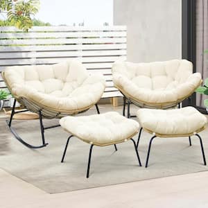 Oversized Beige PE Wicker Outdoor Rocking Chair with Beige Cushion and Ottoman (2 Pieces)