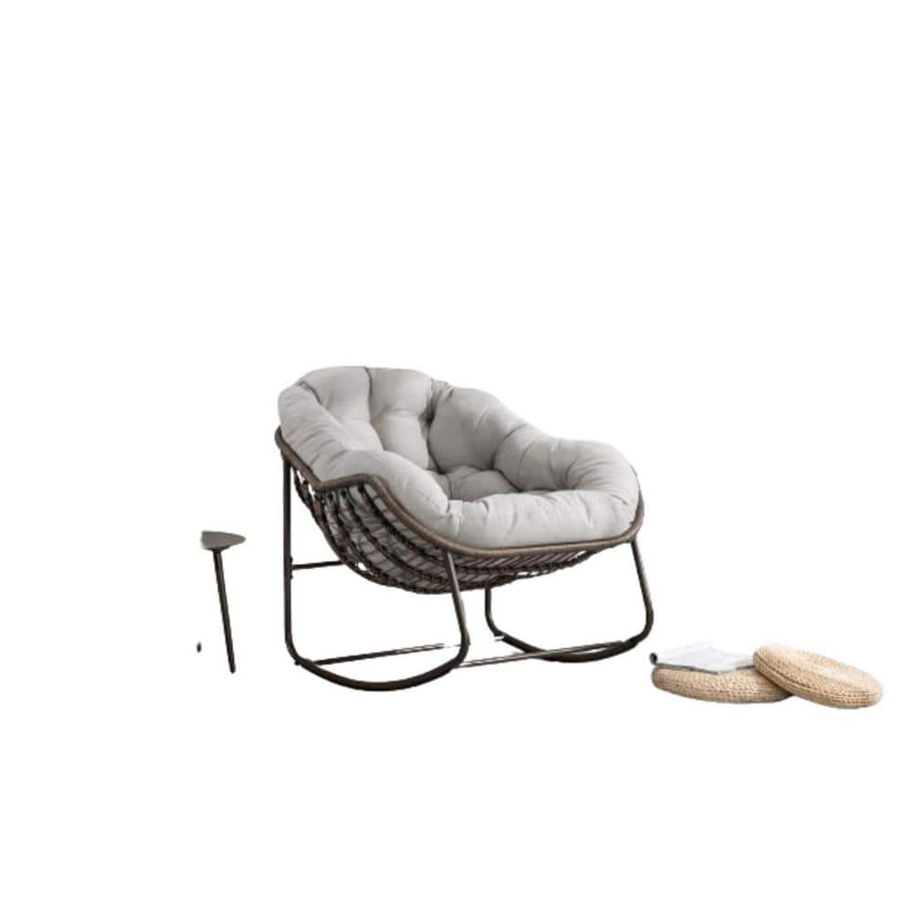 Brown Steel Metal Rattan Outdoor Rocking Chair with Beige Padded Cushion fo