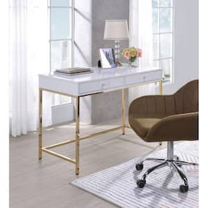 White High Gloss Gold Rectangular Contemporary Vanity Desk with 2-Drawers Metal and Wood 31 in. H x 47 in. W x 20 in. D