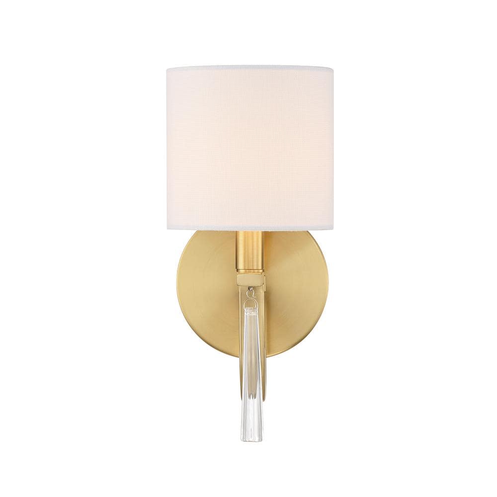 Satin Brass Single Light Sconce with White Linen Shade