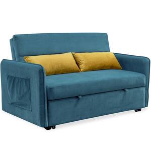 57 in. W Blue Velvet Loveseat Sofa Bed with Pull-out sleeper and Adjustable Backrest