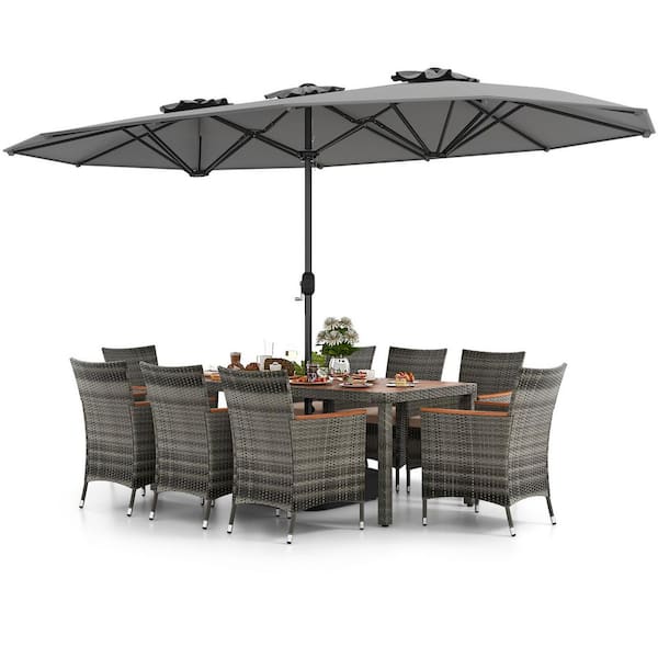 Gray 11-Piece Metal and Wicker Outdoor Dining Set with Beige Cushion, 15 ft. Gray Double-Sided Umbrella