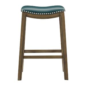 Pecos 30 in. Brown Wood Pub Height Stool with Green Faux Leather Seat