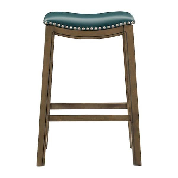 Pecos 30 in. Brown Wood Pub Height Stool with Green Faux Leather Seat