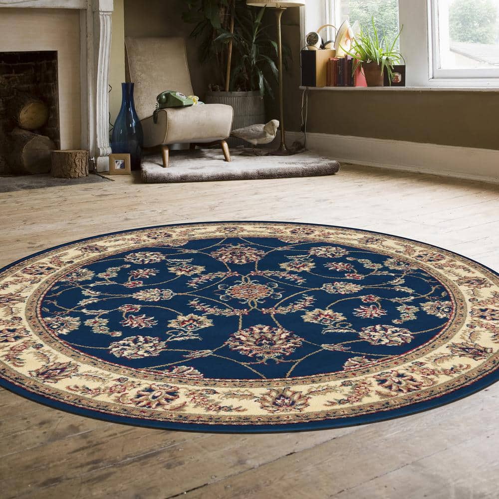 Radici Usa Como Area Rug 1596 Navy Vines Leaves 5' 3" x 5' 3" Round
